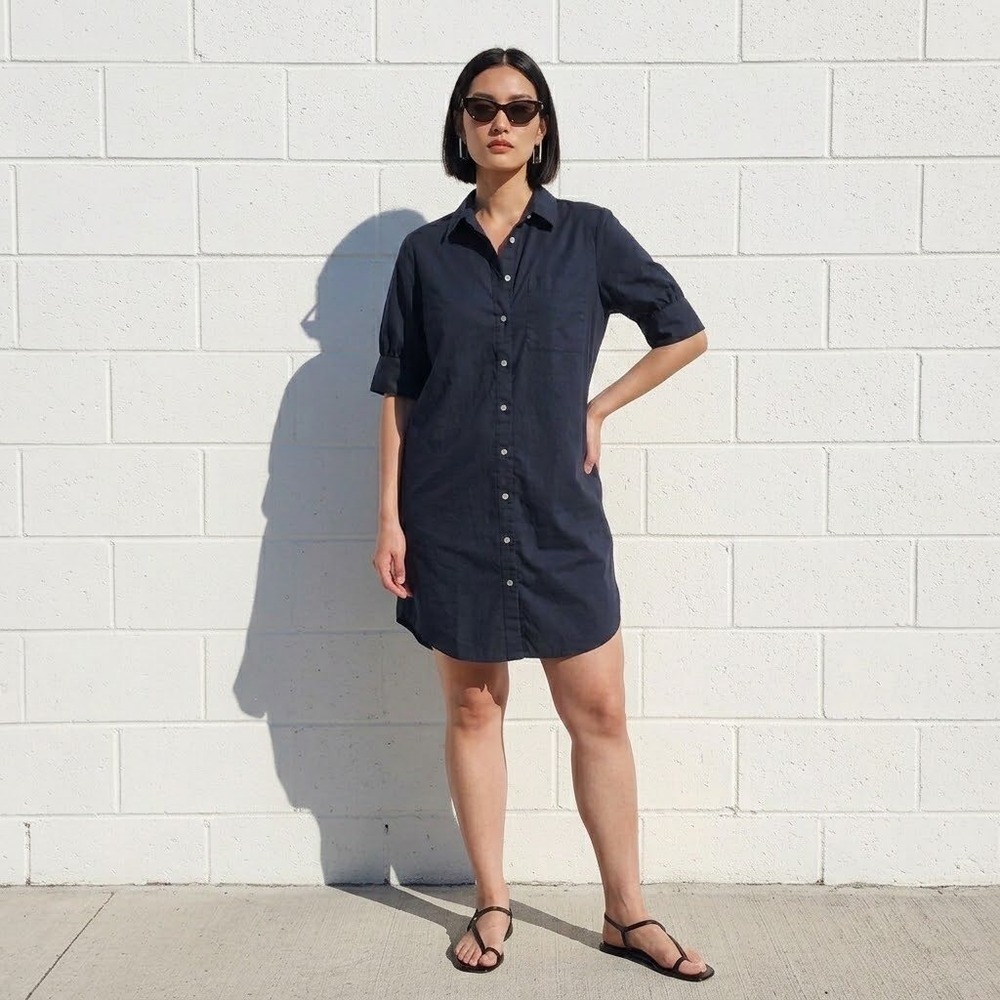 Cotton Shirt Dress Womens Large Black Short Sleeve Pockets Travel Vacation Chic